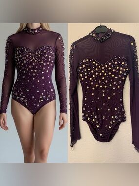 Glamour dance costume purple mesh sequin gem long sleeve leotard XSA adult
